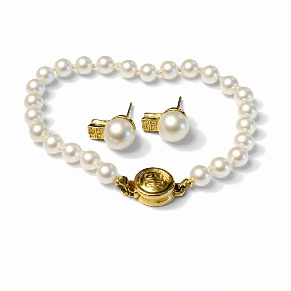 Givenchy Signed Pearl Stud Earrings & Bracelet Matching Set